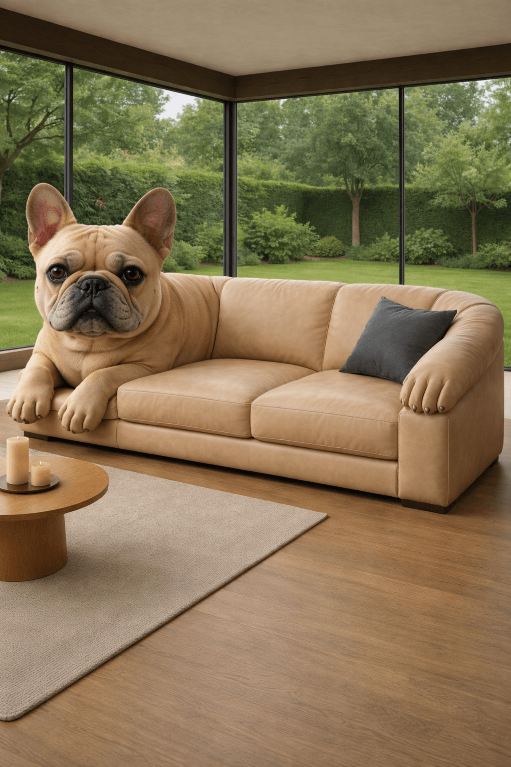 dog-shaped sofas: French bulldog-shaped sofa in a neutral-toned modern living room with large windows