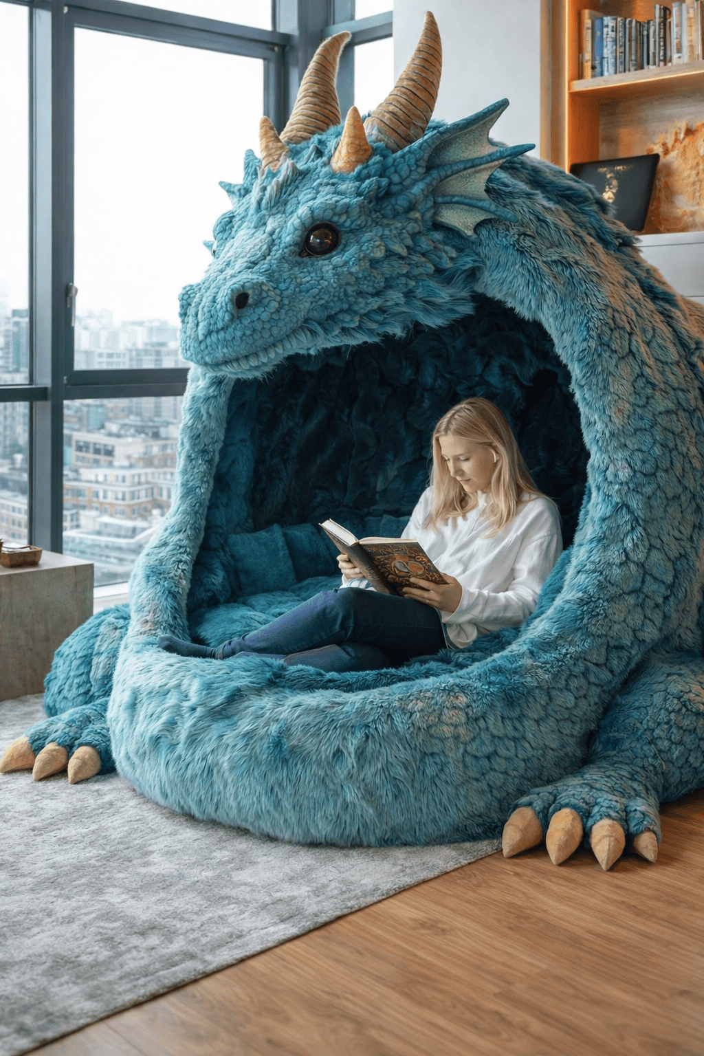 Person relaxing inside a blue dragon-shaped lounger pod reading a book in a stylish home setting
