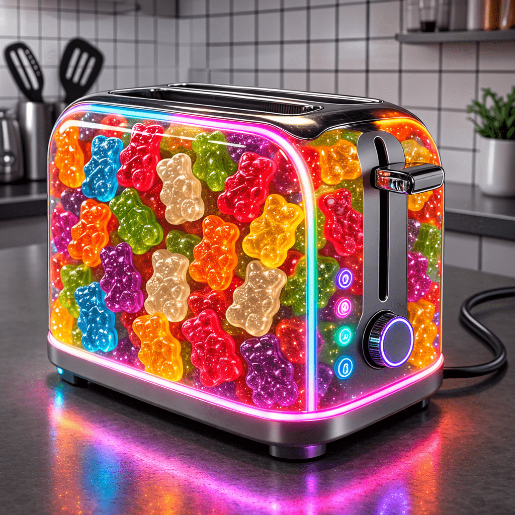 transparent toaster packed with colourful gummy bears and illuminated LED trim on a kitchen countertop