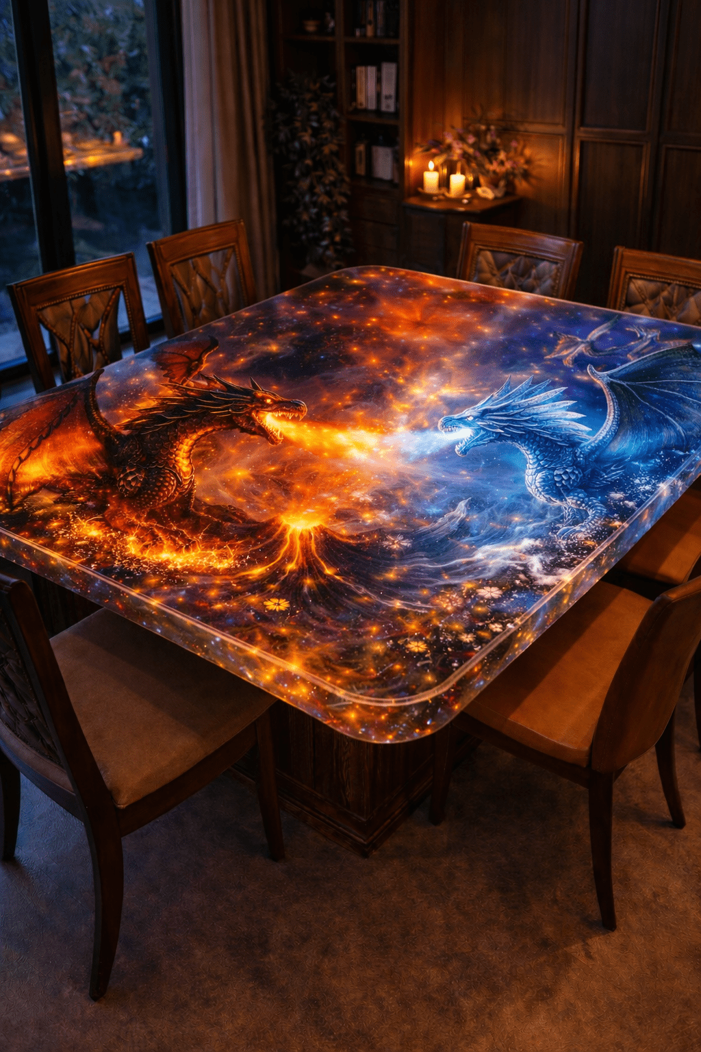 volcanic lava dragon and blue ice dragon fighting across a dramatic epoxy resin dining table with glowing magma textures