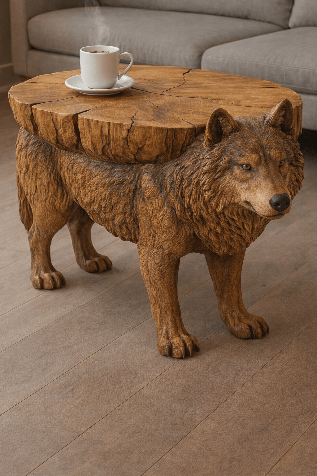 Wooden wolf coffee table with intricate fur carving and rustic cracked wood surface
