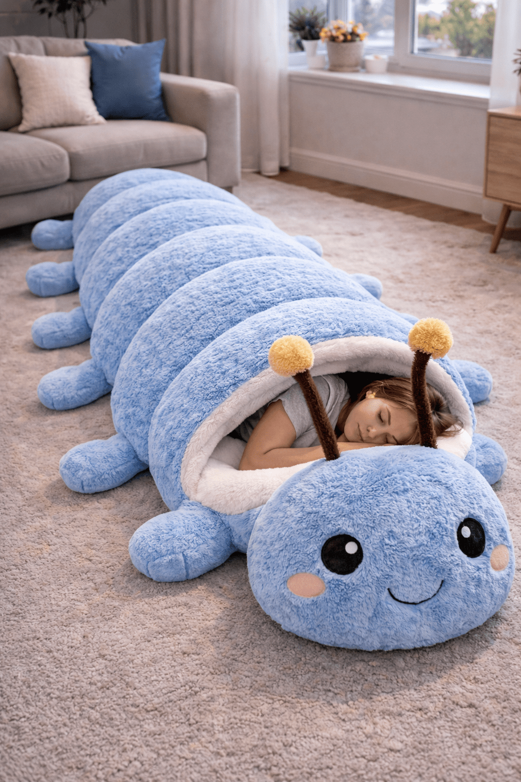 Blue plush caterpillar sleeping bag designed for cosy bedroom relaxation