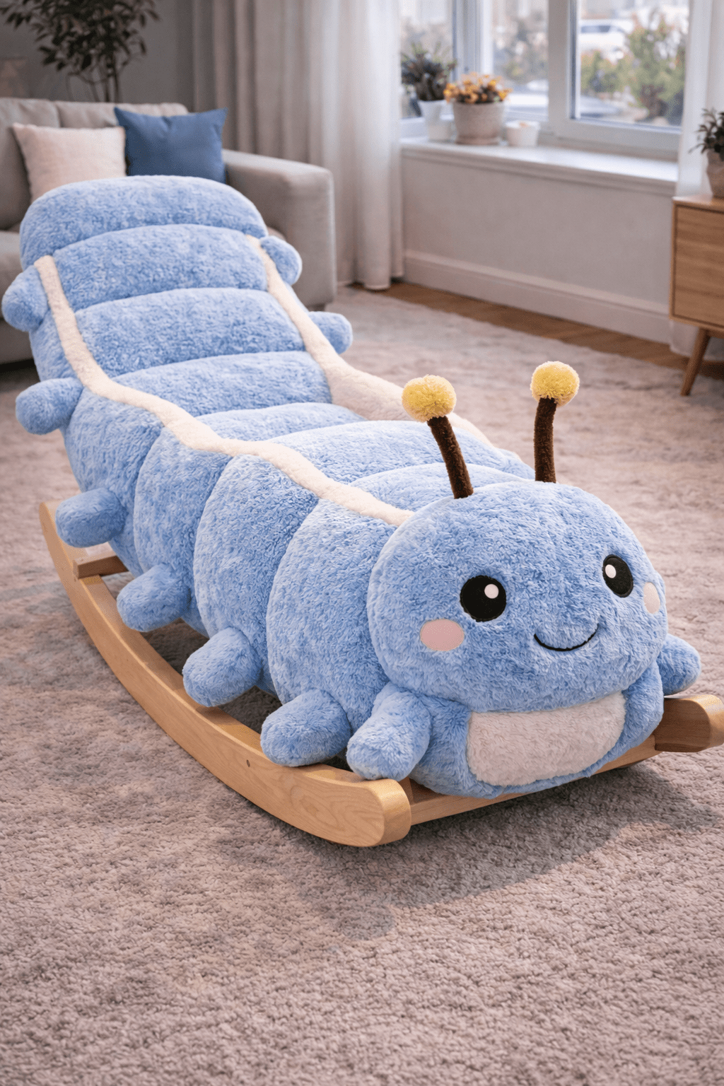 Blue plush caterpillar rocking lounger chair with curved wooden rocking base in a cosy home setting