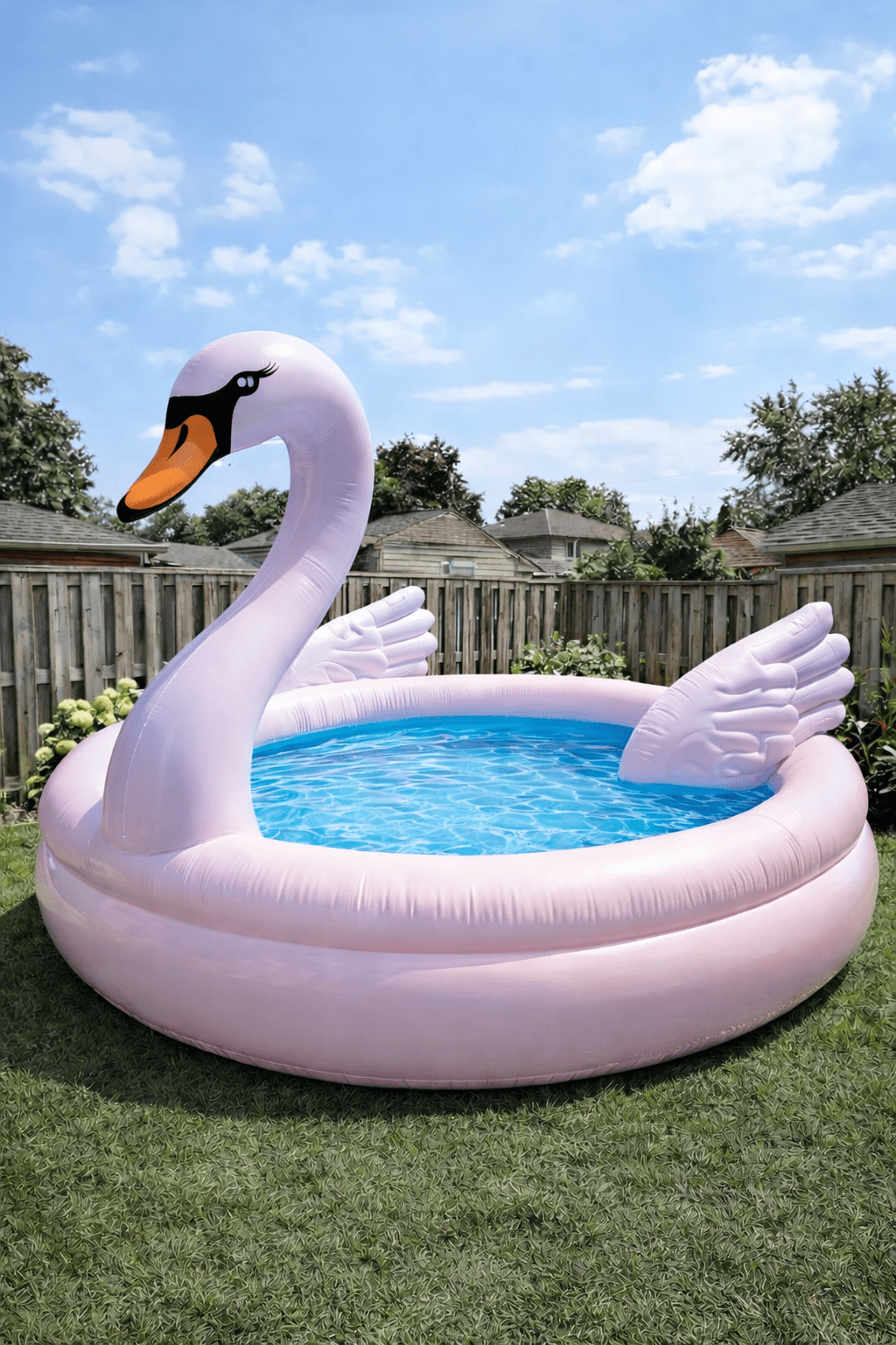 pale purple inflatable swan paddling pool with wings and water in a backyard