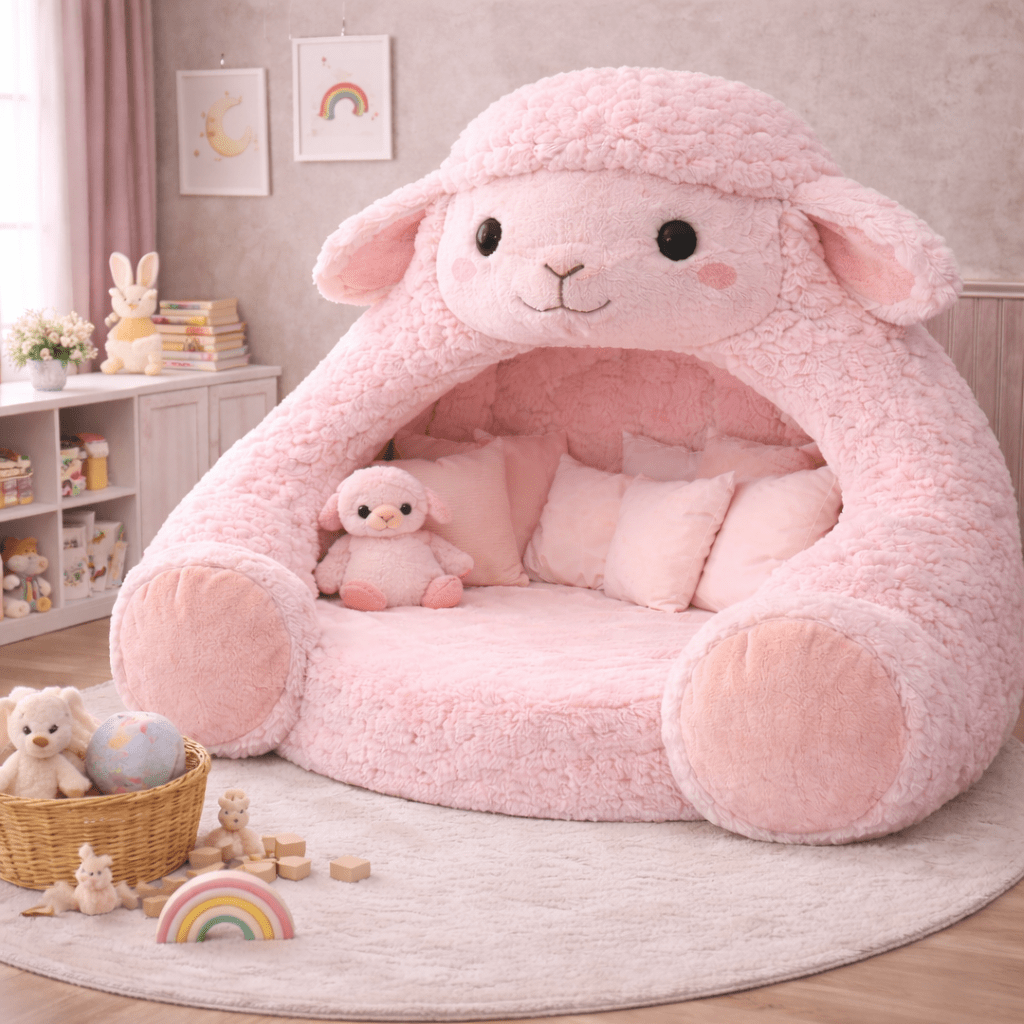 Soft pink lamb-shaped kids bed nook with plush cushions in a pastel-themed bedroom