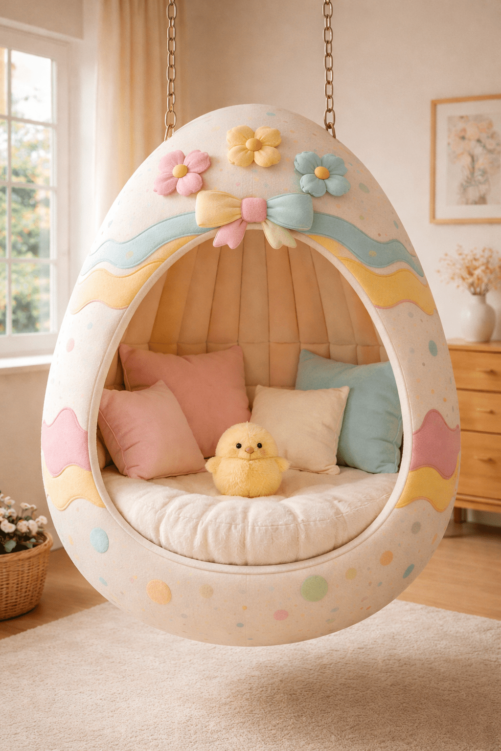 Decorative Easter egg swing chair with floral accents and pastel cushions in a bright interior
