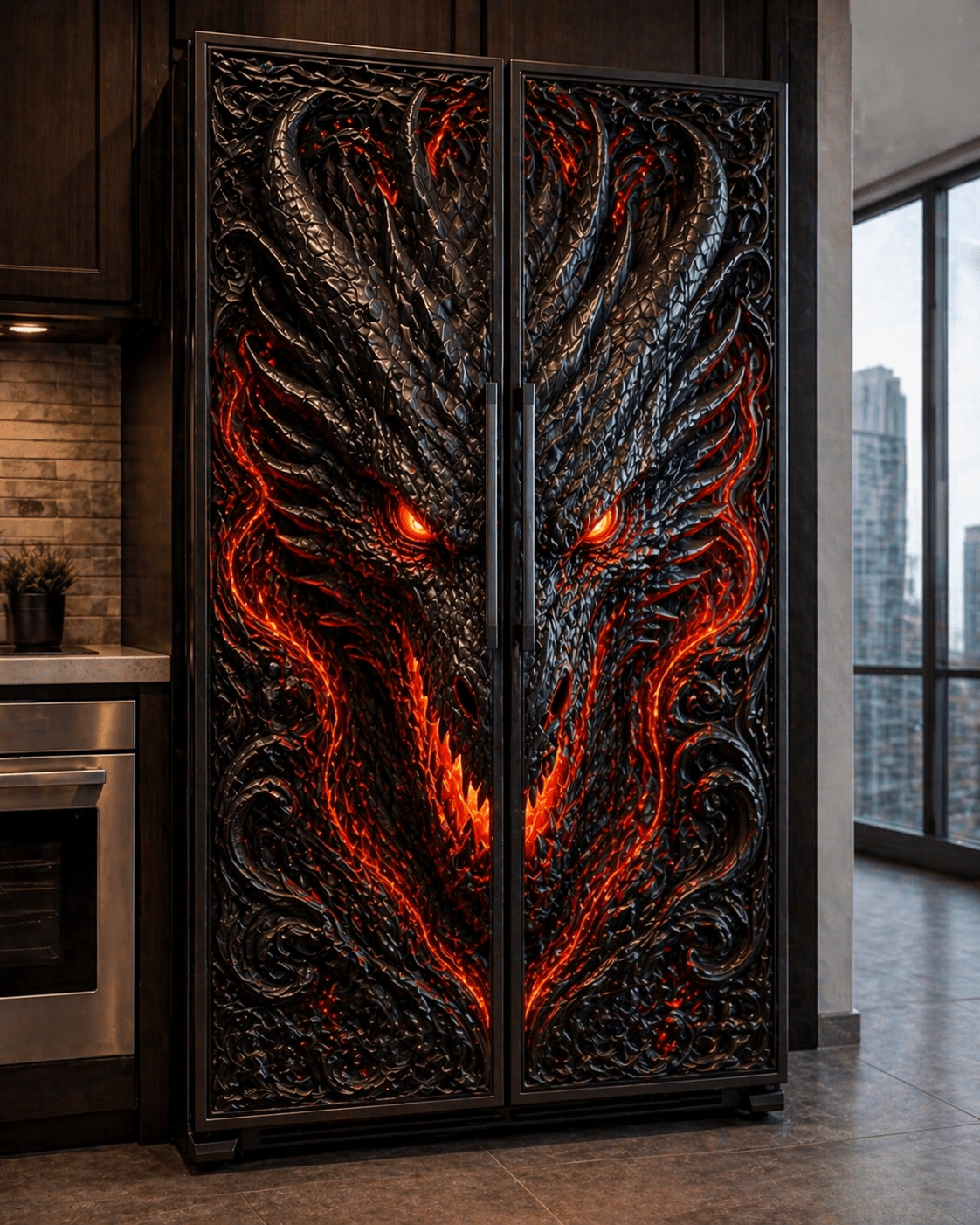 Red dragon-themed fridge freezer with glowing lava accents and detailed carved design