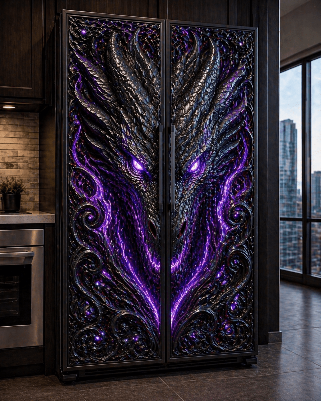 Purple dragon fridge freezer featuring glowing eyes and swirling illuminated details