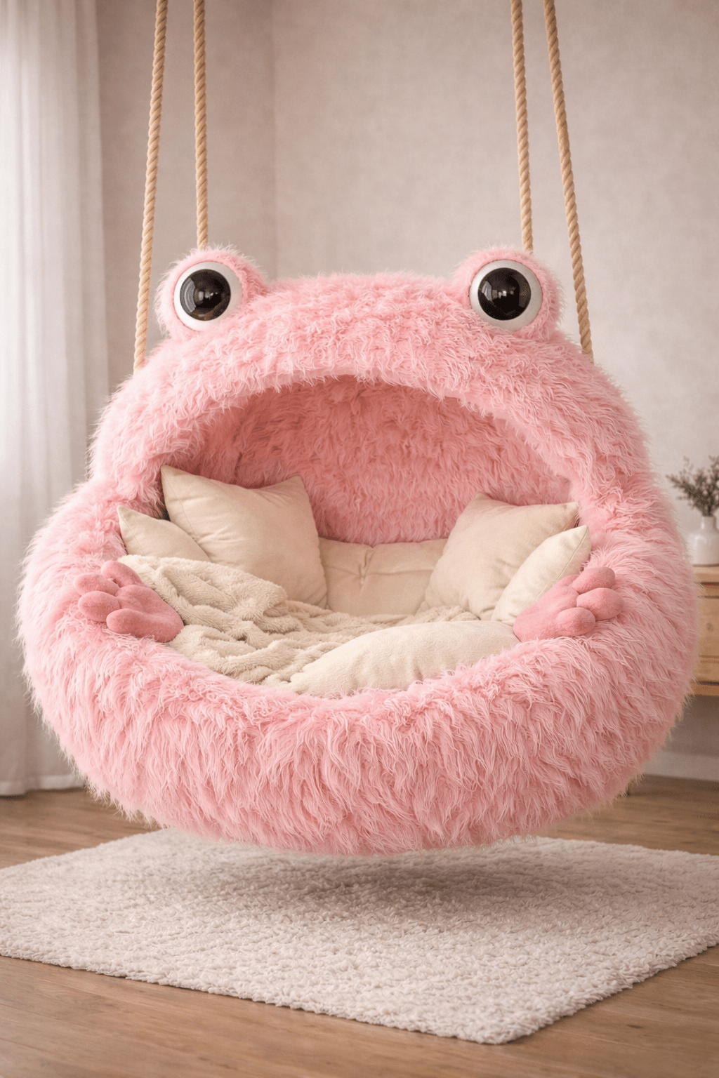 Pink plush frog hanging chair creating a relaxing and stylish nook