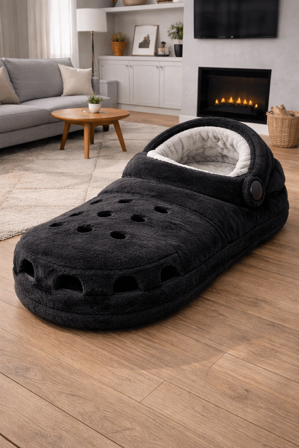 Large black Crocs-style slipper bed with soft fleece lining in a stylish living room