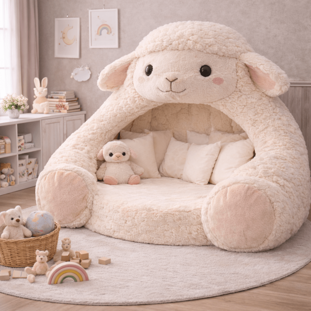 Cream lamb-shaped kids bed nook with soft textures in a calm neutral bedroom