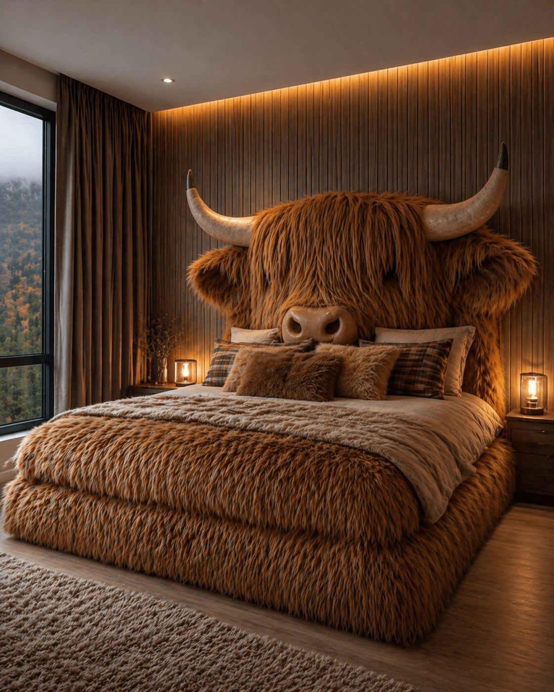 Warm brown Highland cow bed with fluffy upholstery in a rustic bedroom setting