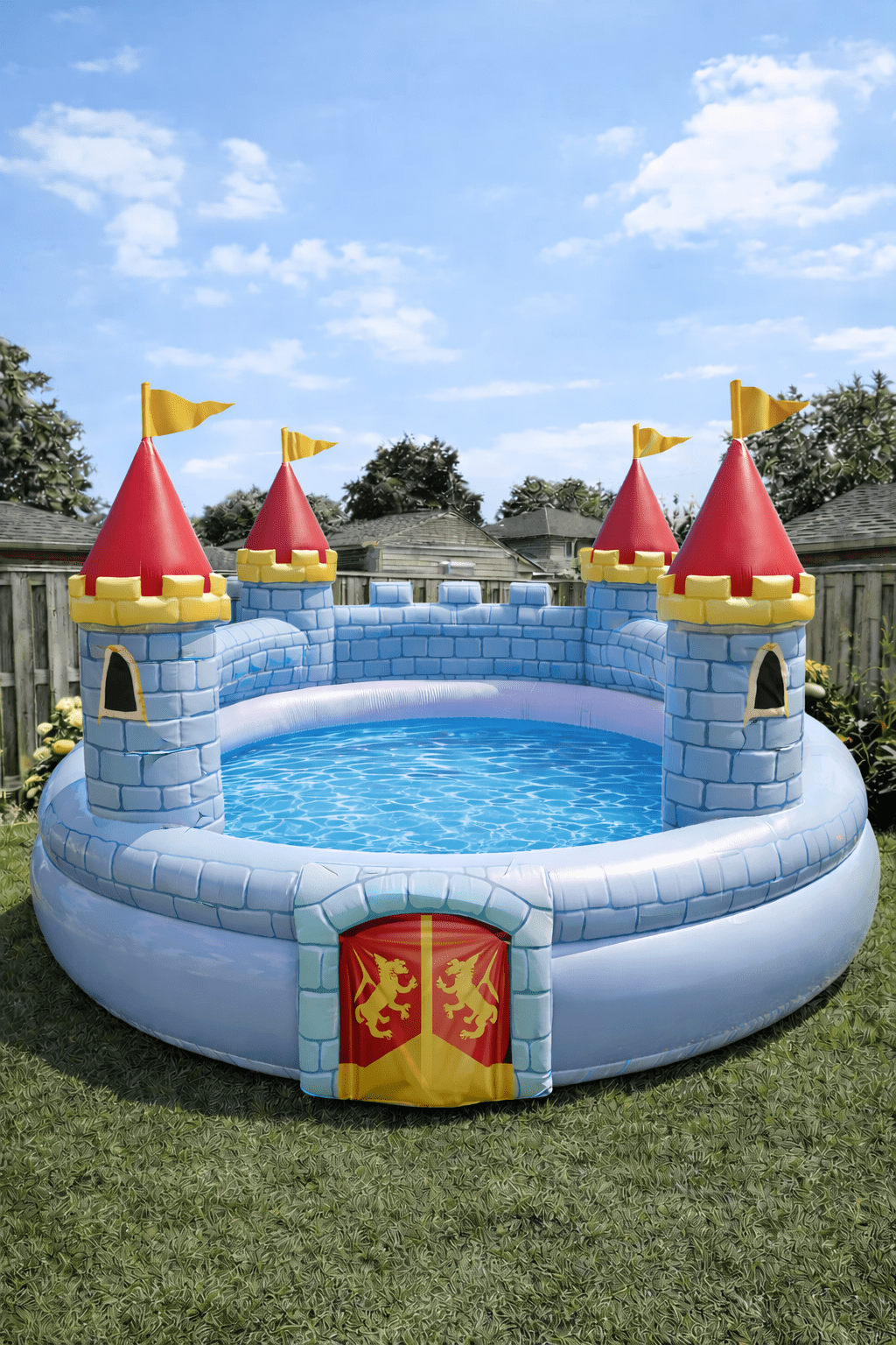 Blue inflatable castle paddling pool with red towers and yellow flags outdoors