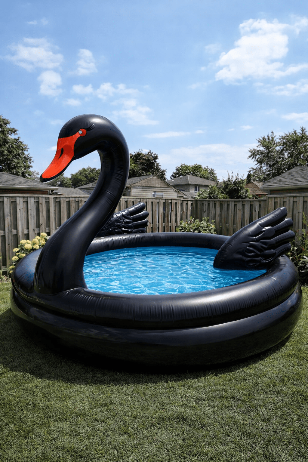 black inflatable swan paddling pool with red beak in a contemporary garden