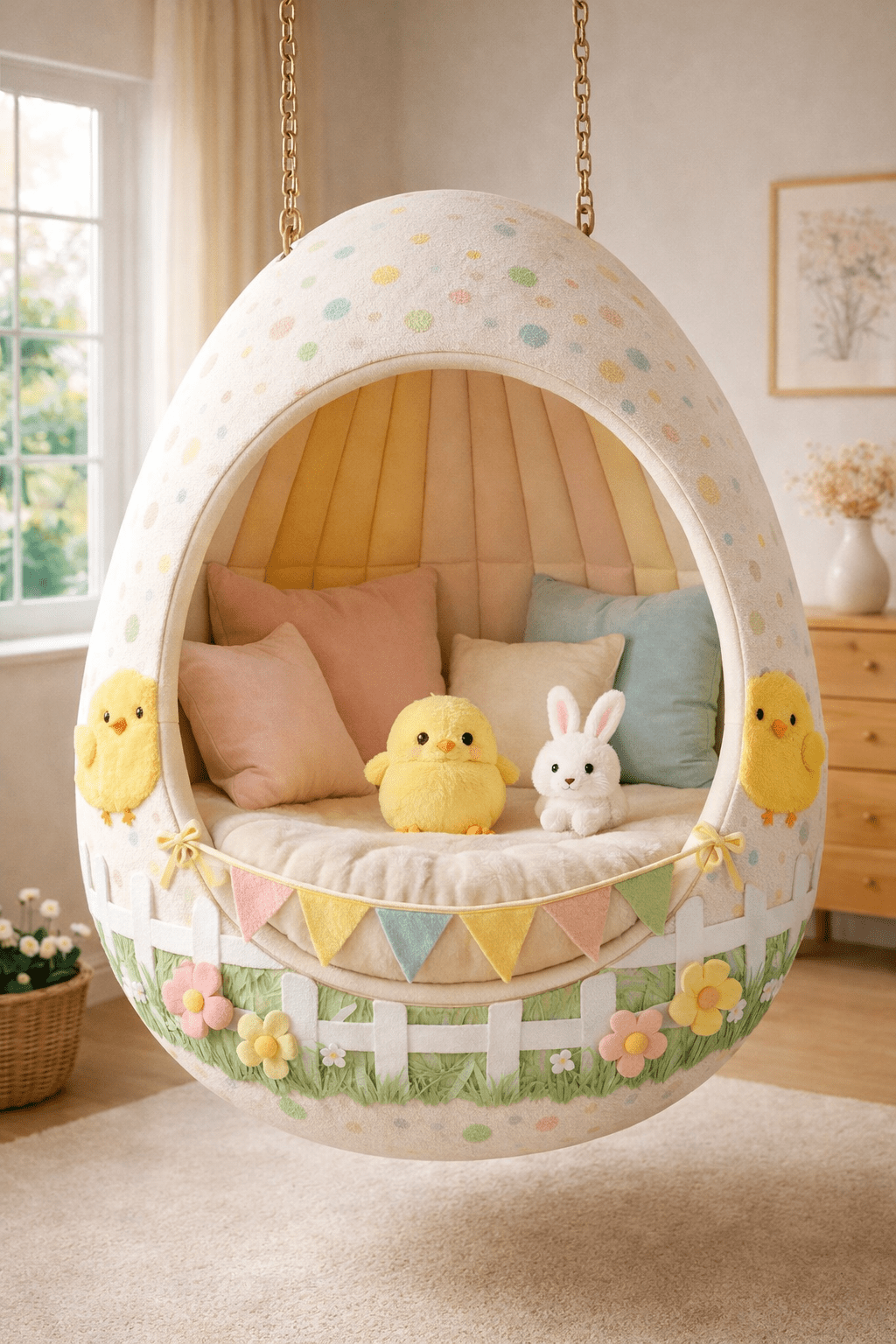Egg-shaped hanging chair with pastel cushions, chick and bunny plush toys in a cosy nursery setting