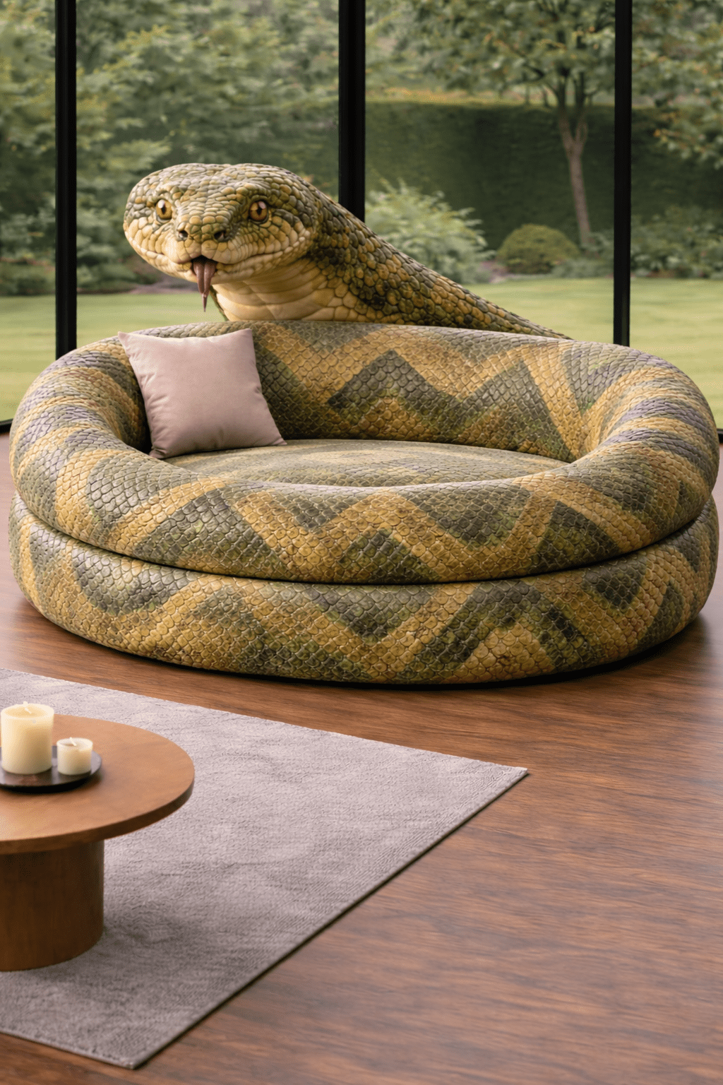 Green snake-shaped sofas with realistic scale texture placed in a contemporary living space with garden view