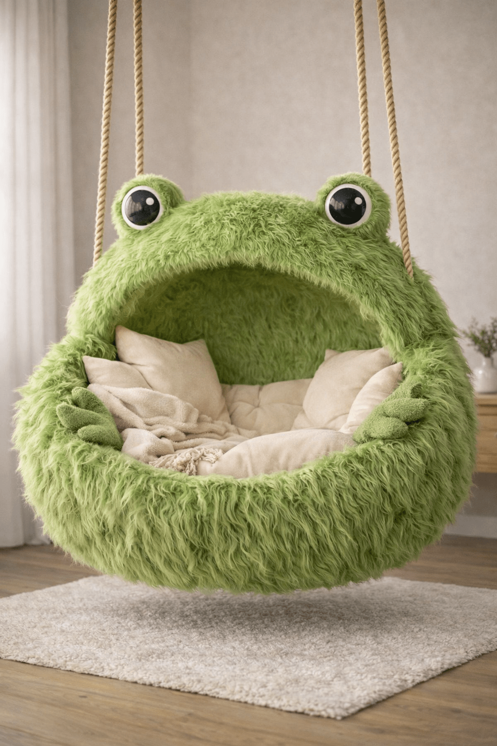 Green fluffy frog hanging chair styled in a calm and earthy room
