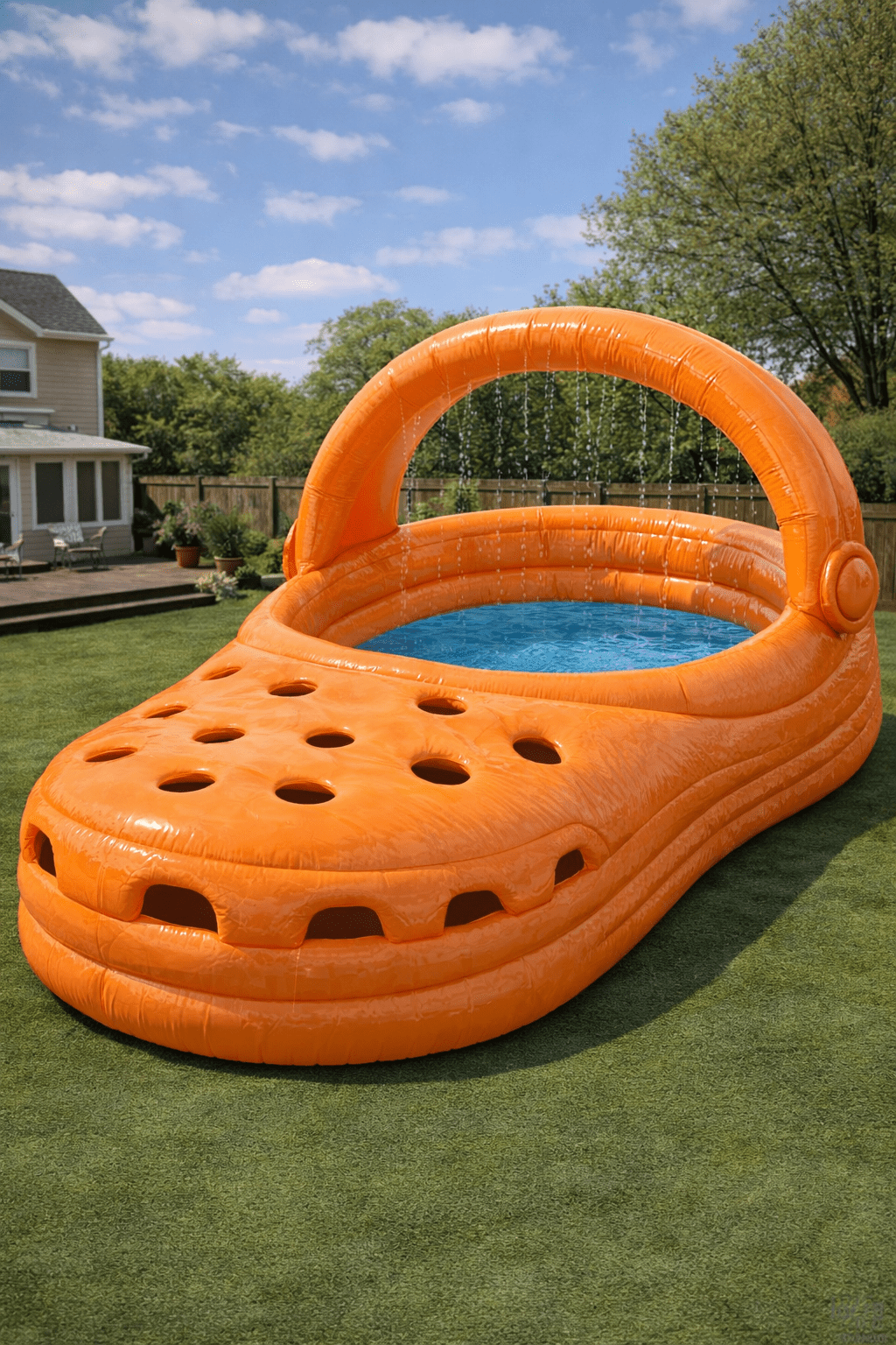Vibrant orange Crocs-style inflatable paddling pool with water feature in backyard