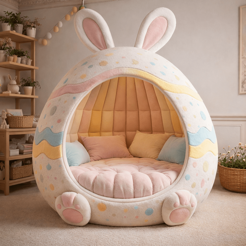 Easter egg pod chair with bunny ears and cute paw features in pastel colours