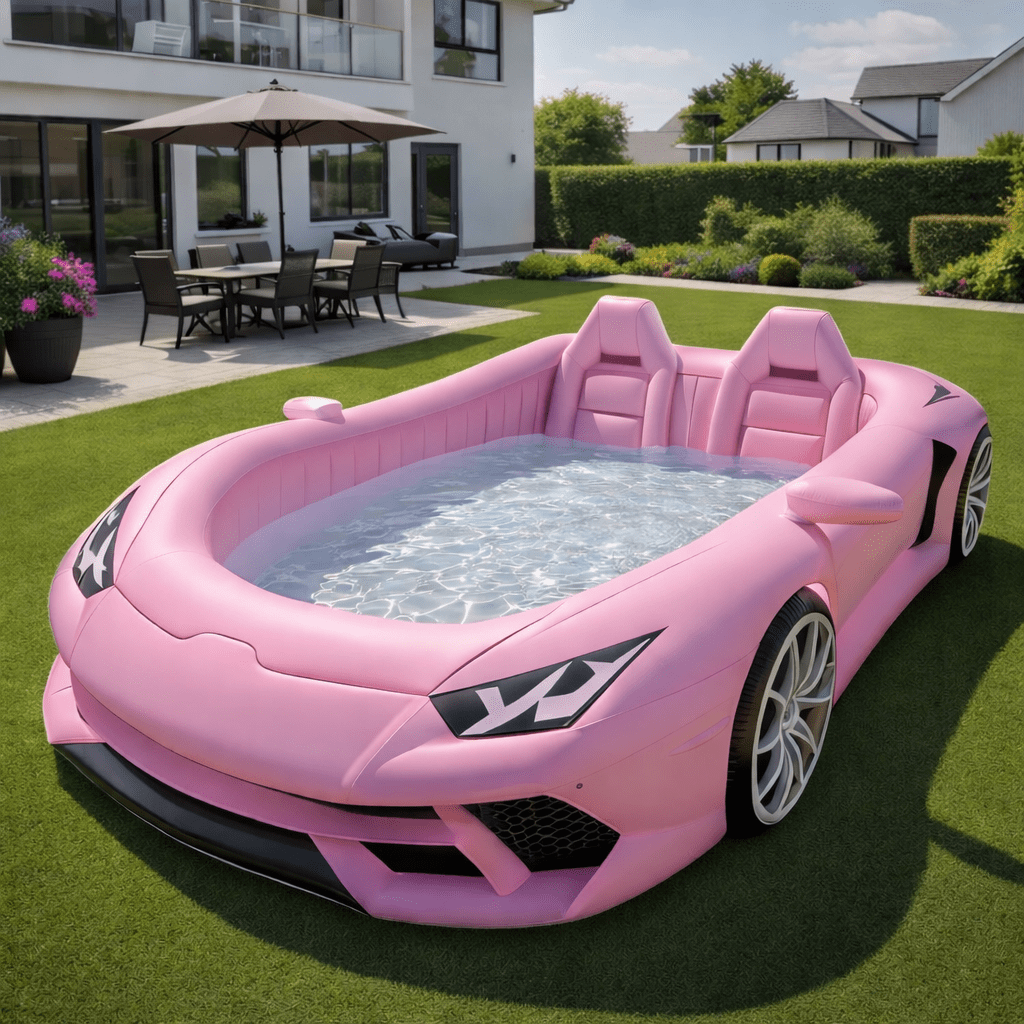 Pink supercar shaped inflatable pool with built-in seats in a modern garden setting