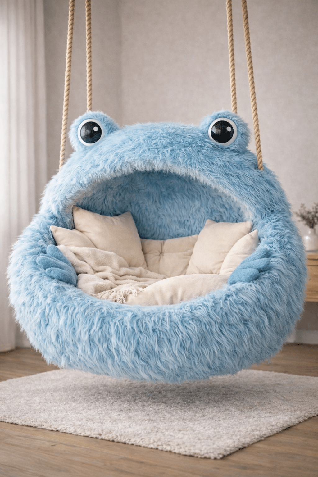 Blue plush frog hanging chair with soft cushions in a modern home