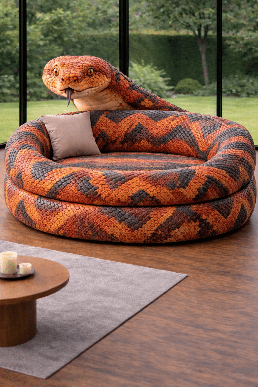 Vibrant orange and red snake-shaped sofas with detailed scale pattern creating a bold interior centrepiece