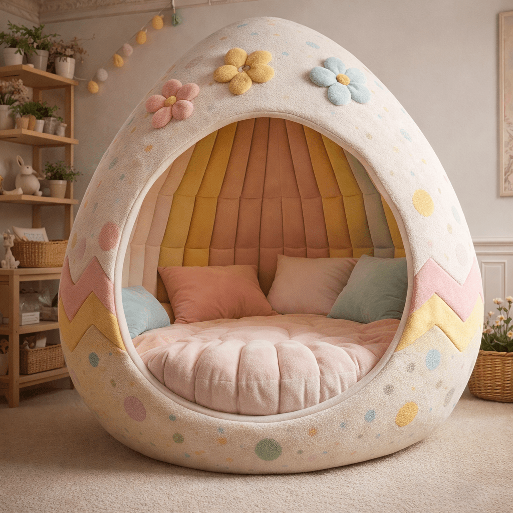 Easter egg pod chair with floral decorations and pastel cushions in a cosy room