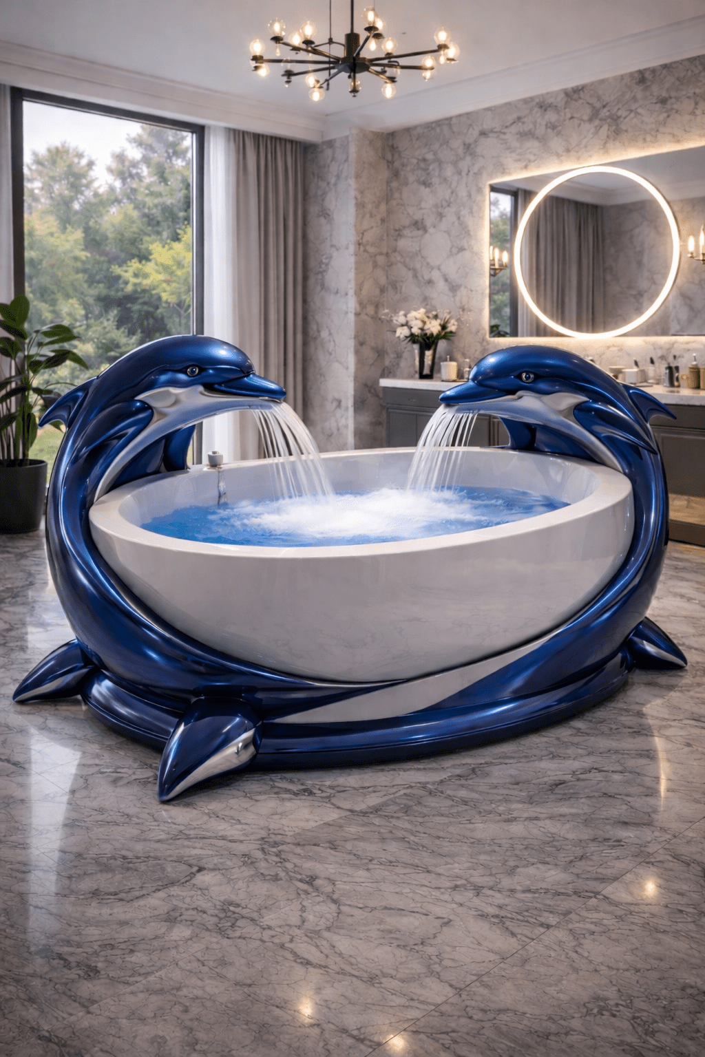 Blue dolphin-shaped luxury bathtub with flowing water feature in contemporary bathroom