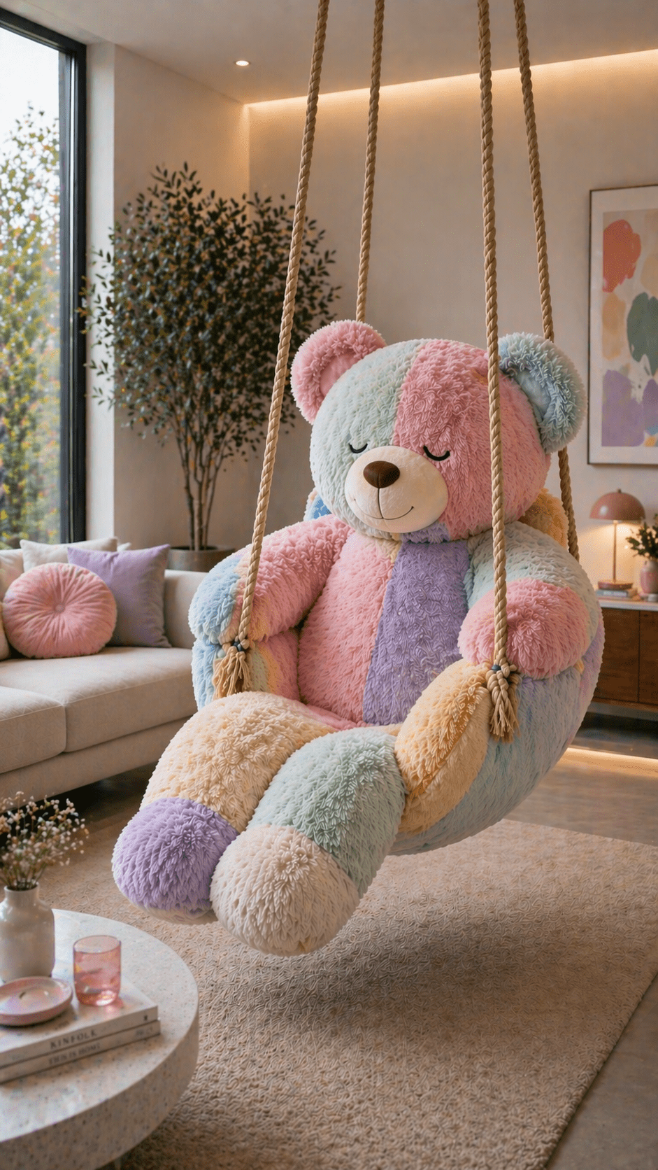 Giant pastel teddy bear swing chair hanging in a modern living room with soft lighting and neutral décor