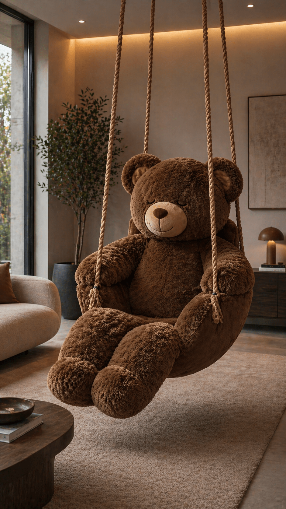 Large brown teddy bear swing chair suspended in a cosy modern living space with warm tones