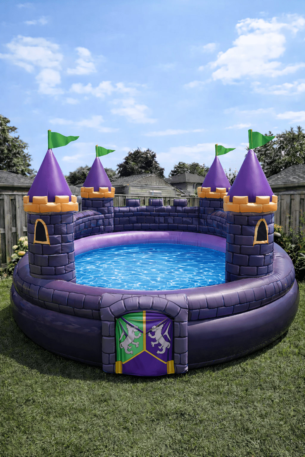 Purple and green inflatable castle paddling pool with turrets in a sunny garden