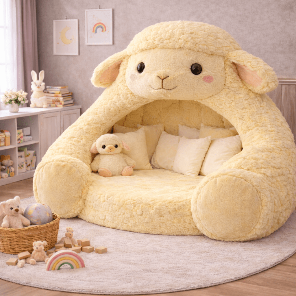Bright yellow lamb-shaped children’s bed nook with soft pillows and playful décor