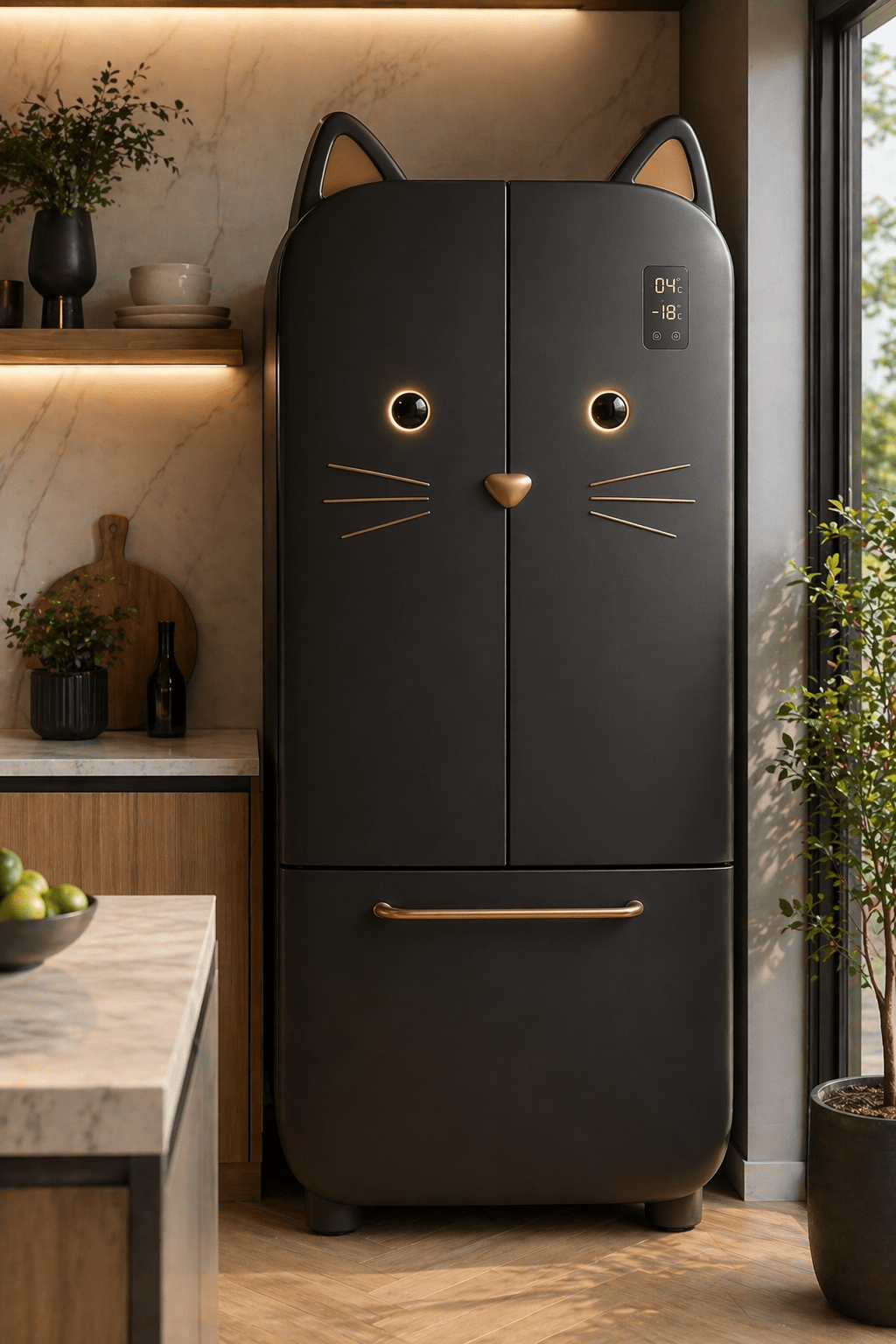 Matte black cat-shaped fridge freezer with LED eyes in a stylish modern kitchen interior