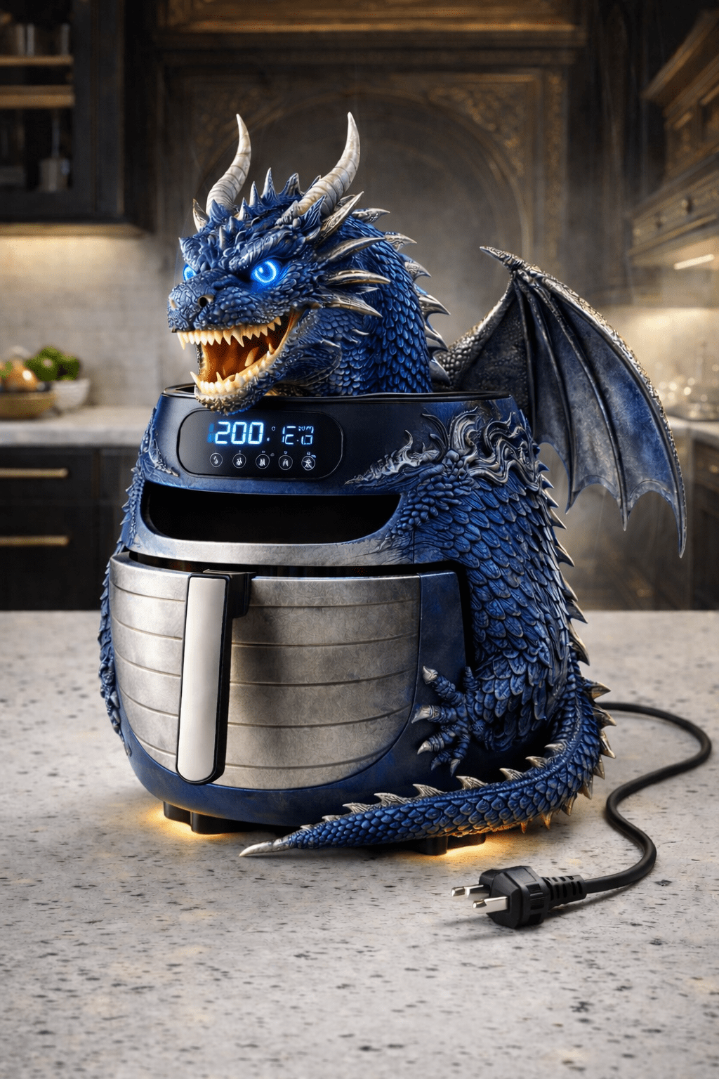 Blue metallic dragon-shaped air fryer with digital display in modern kitchen