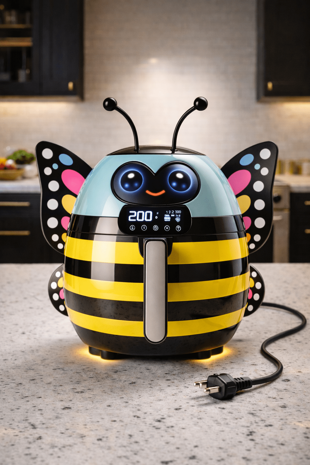 Colourful air fryer with decorative butterfly wings and digital display