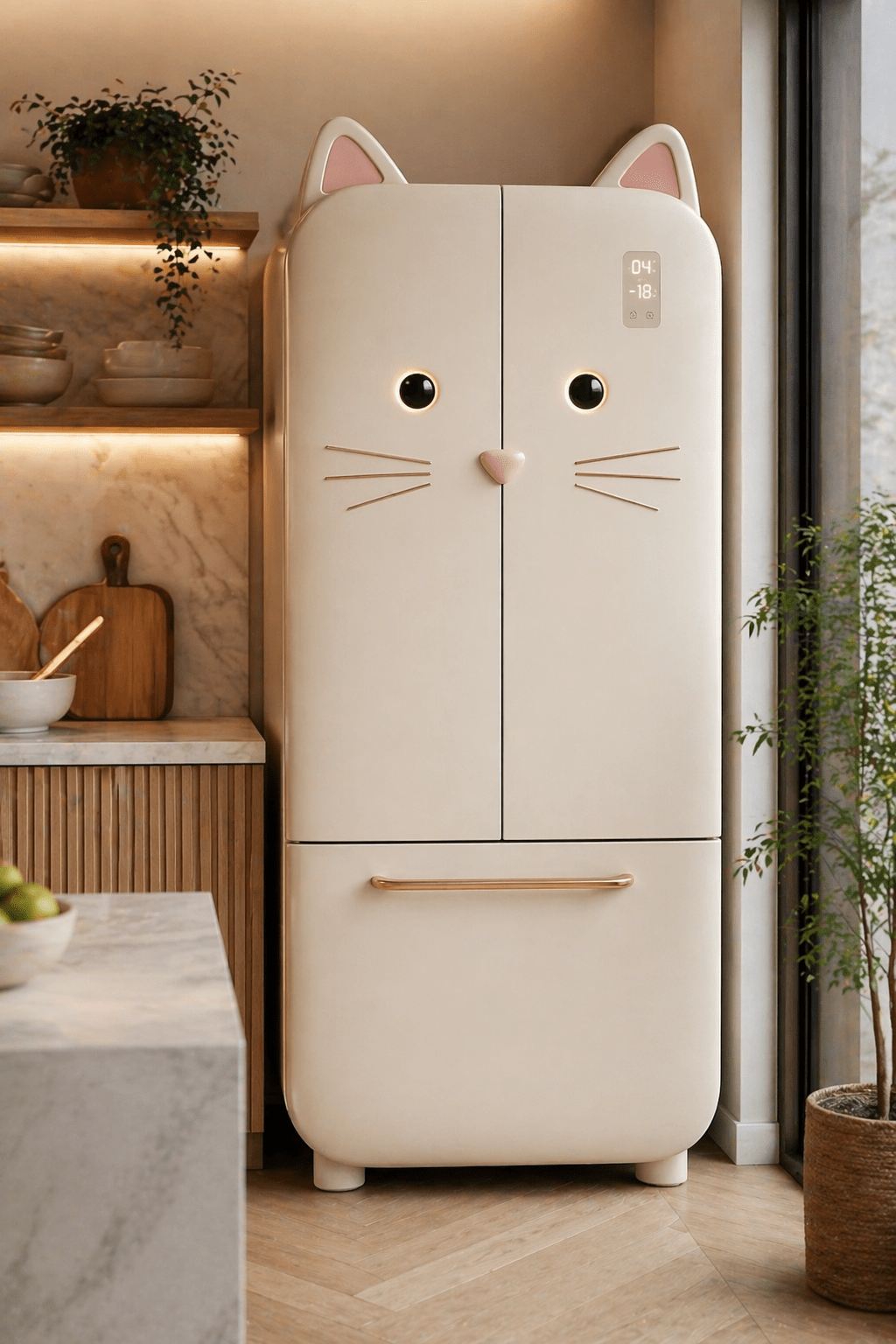 Cream cat-shaped fridge freezer with pink ears and nose in a warm modern kitchen