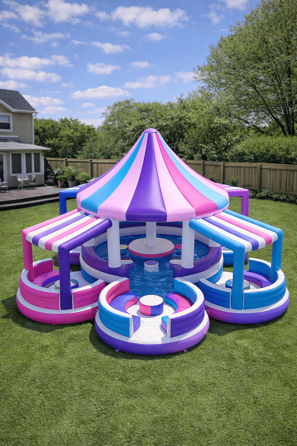 Soft pastel inflatable carousel paddling pool with striped canopy and seating sections