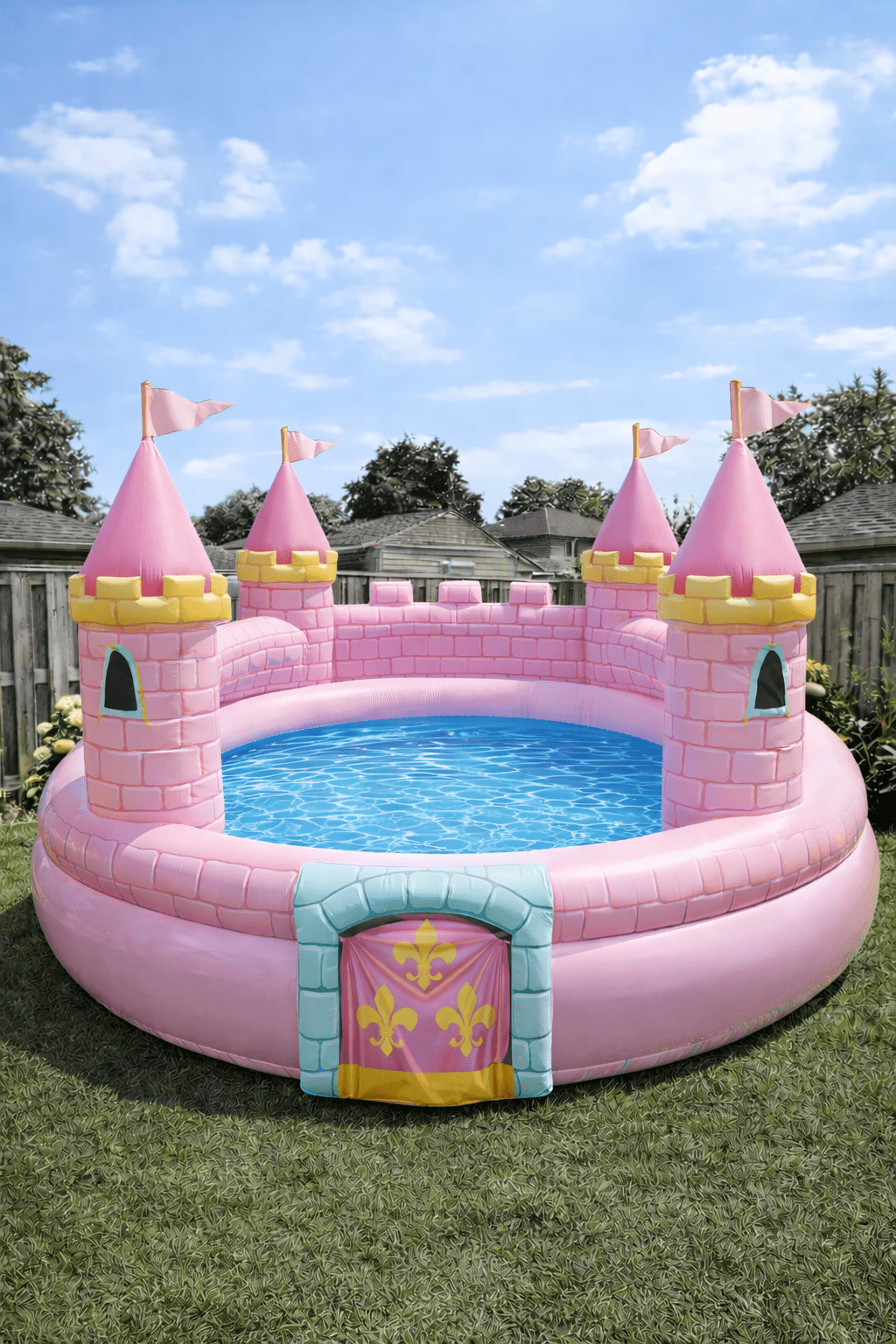 Pink and gold inflatable castle paddling pool with soft pastel tones in a garden