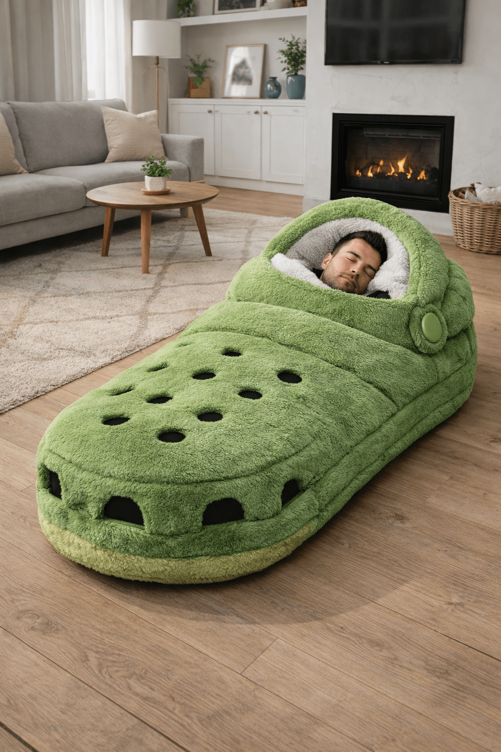 Oversized green Crocs-shaped slipper bed with a person resting inside in a cosy home setting