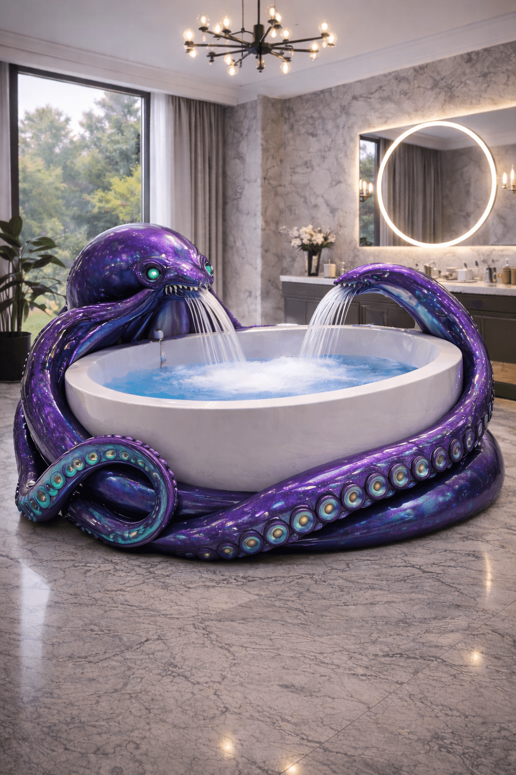 Purple octopus-inspired luxury bathtub with tentacles and water feature in modern marble bathroom