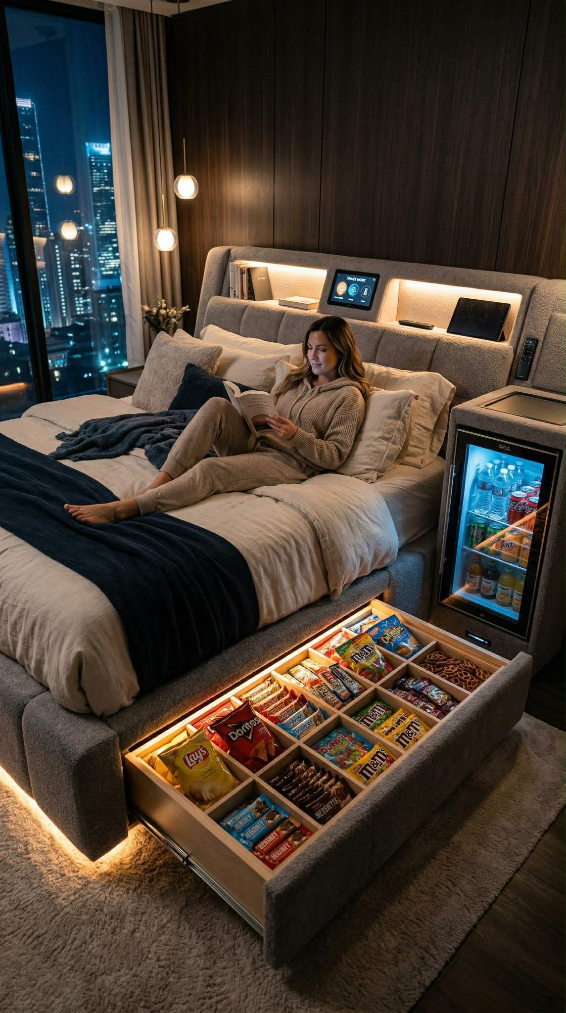 Modern luxury smart bed featuring integrated mini fridge, snack storage drawer, ambient lighting, and digital control panel