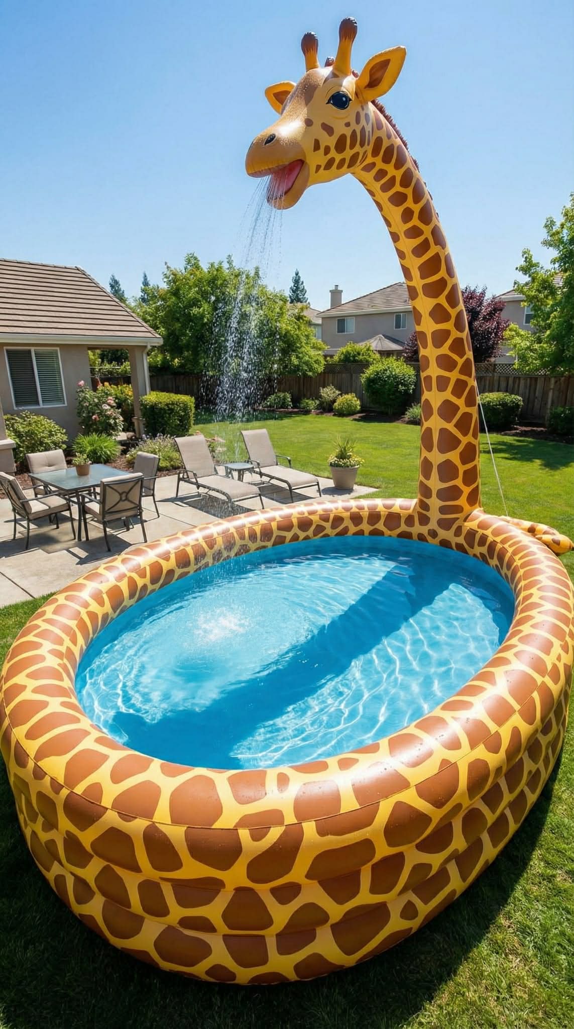 Large giraffe-themed inflatable paddling pool spraying water in a sunny garden