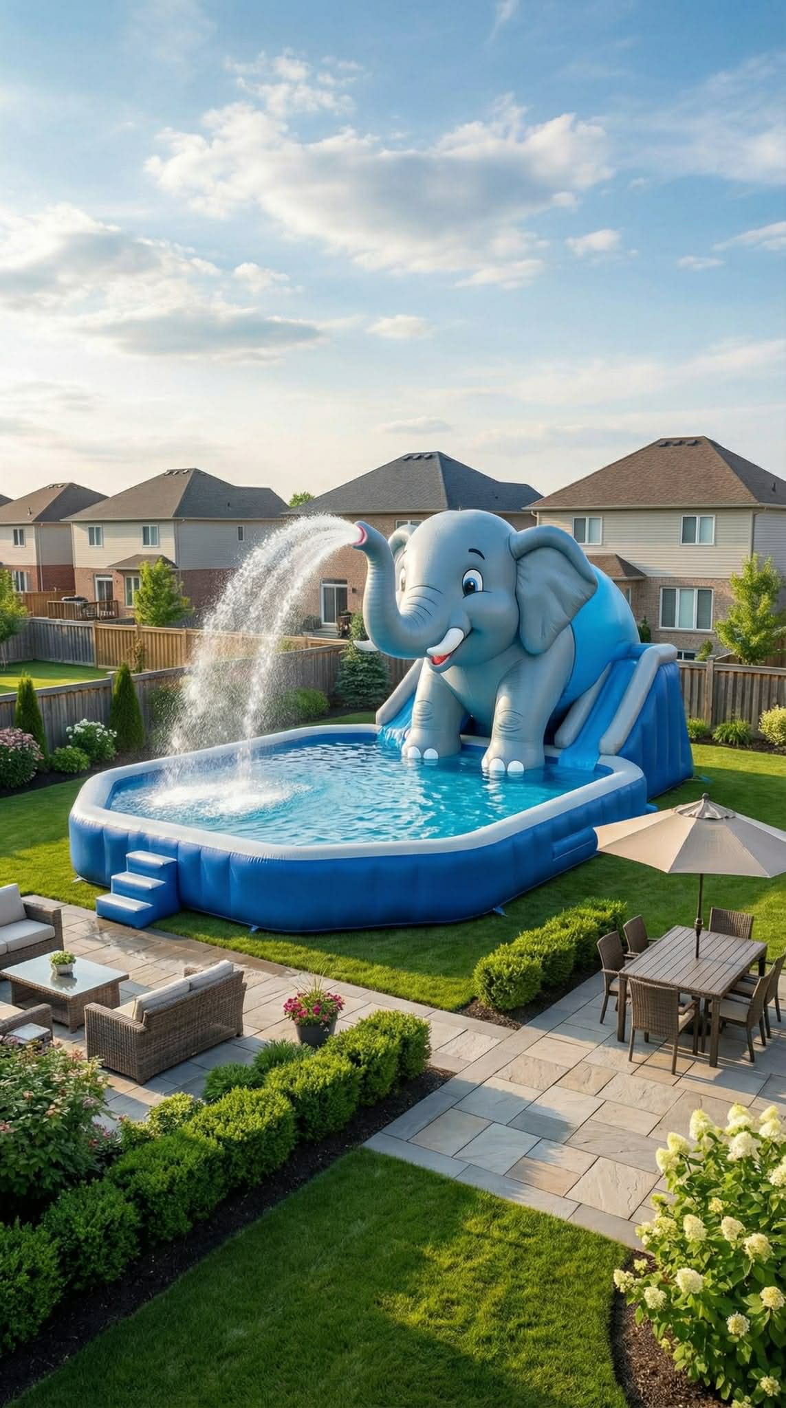 Oversized elephant inflatable paddling pool with slide and water fountain in backyard