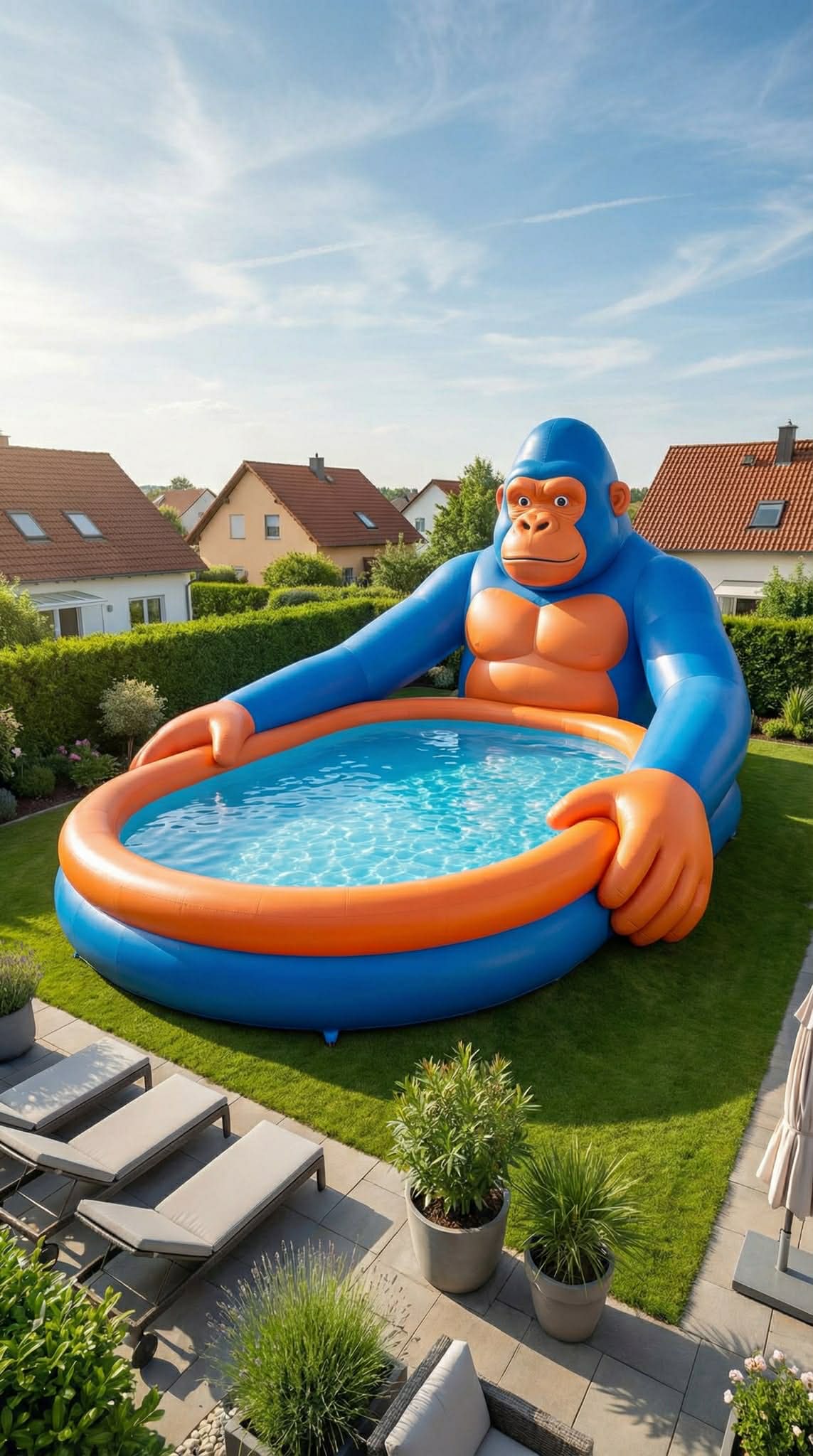 Bright blue and orange gorilla-shaped inflatable paddling pool in a landscaped garden