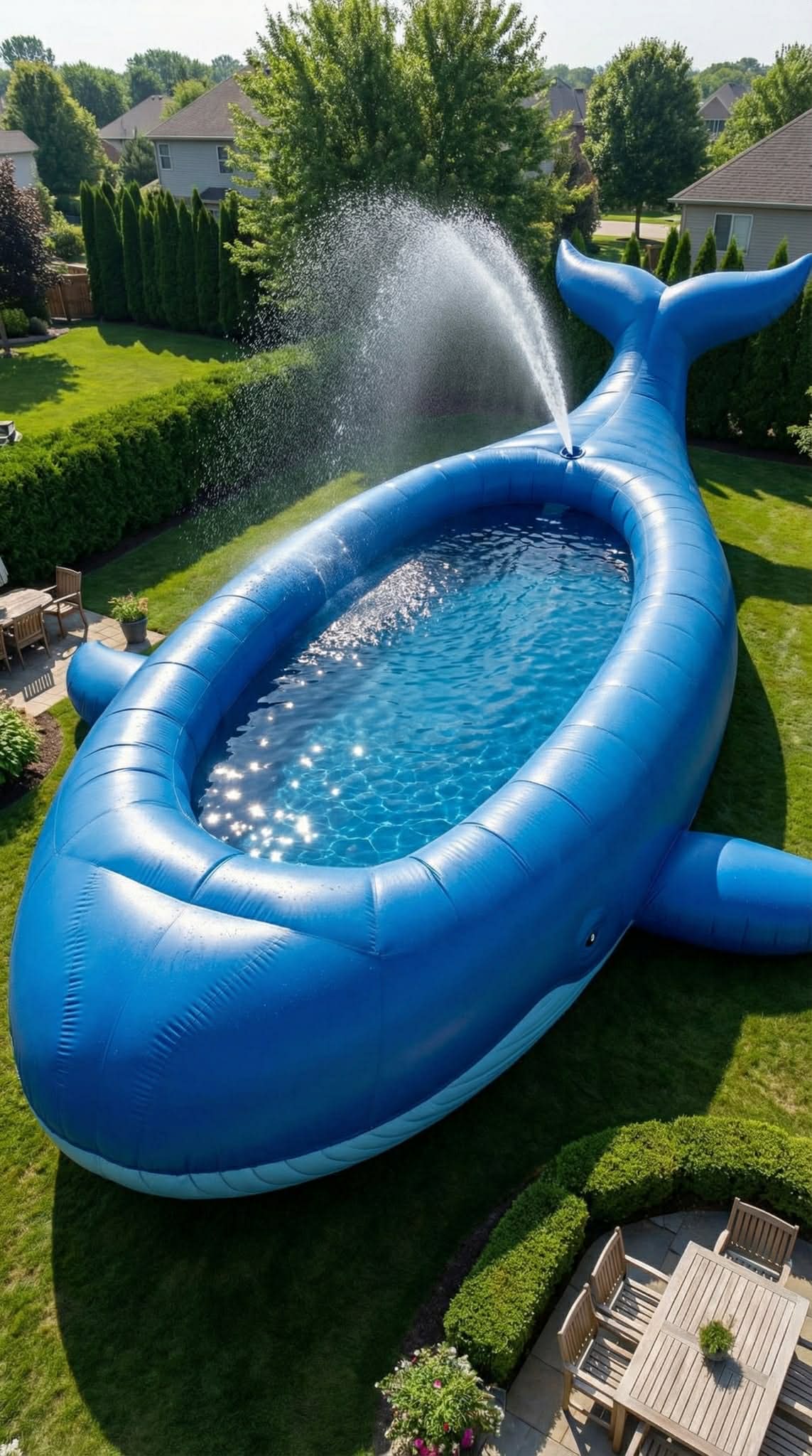 Large whale-shaped inflatable paddling pool with blowhole water spray in garden