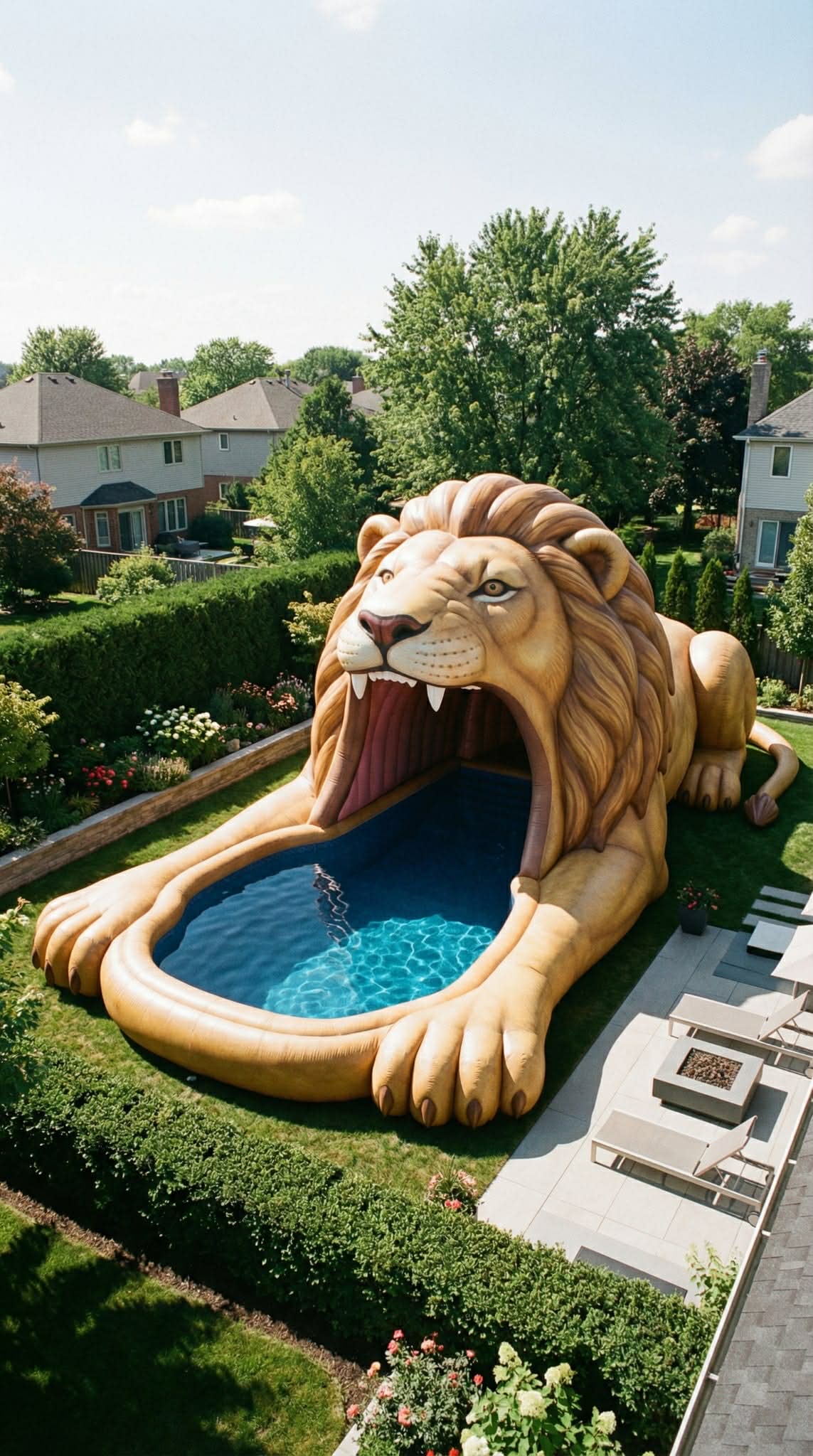 Giant lion-shaped inflatable paddling pool with mouth entrance and water inside