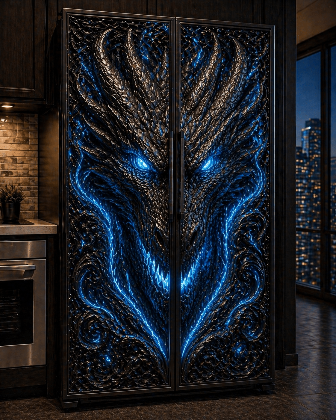 Blue dragon-themed fridge freezer with glowing energy patterns and modern design