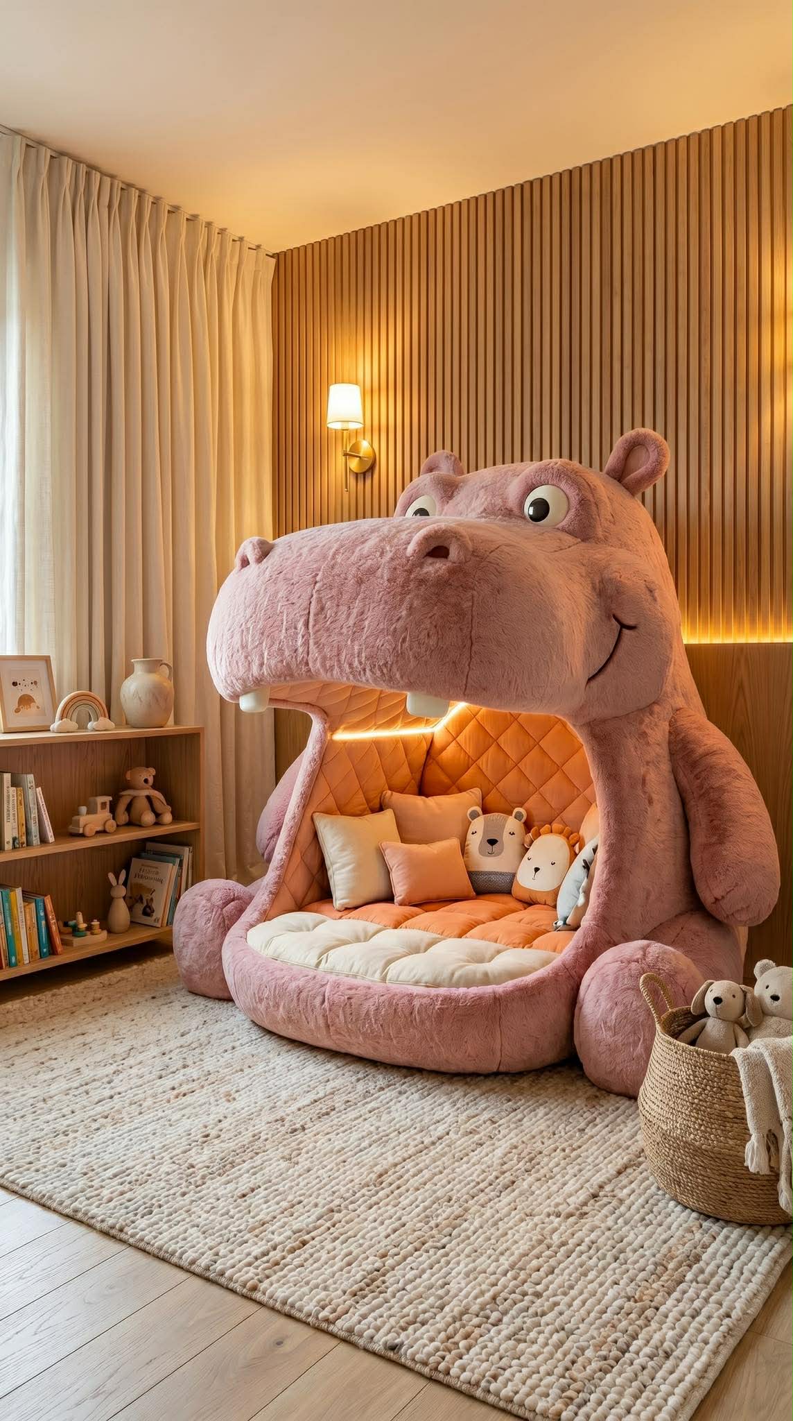 oversized pink hippo sofa chair cosy kids bedroom warm lighting wooden panel wall