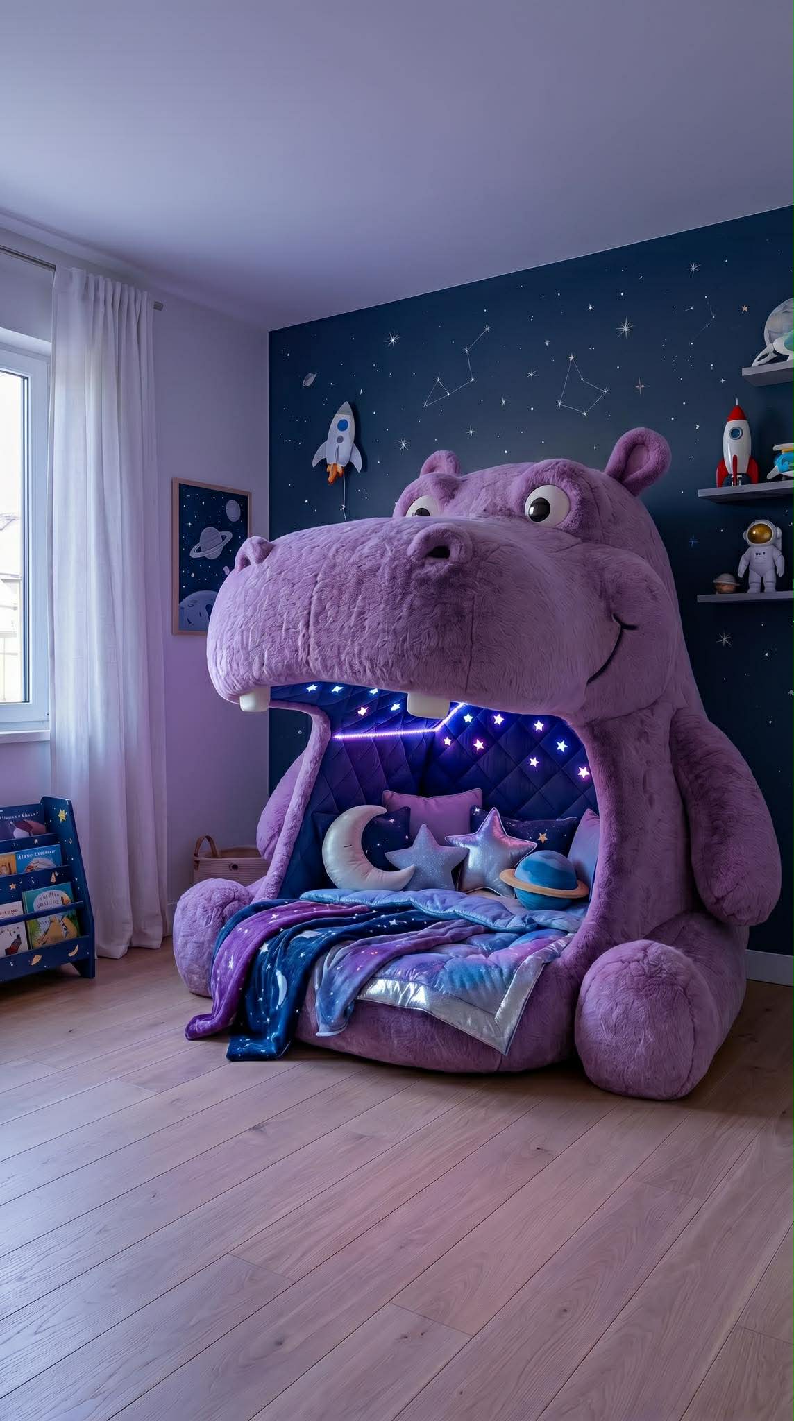 giant purple hippo chair kids space room LED lights star cushions galaxy decor