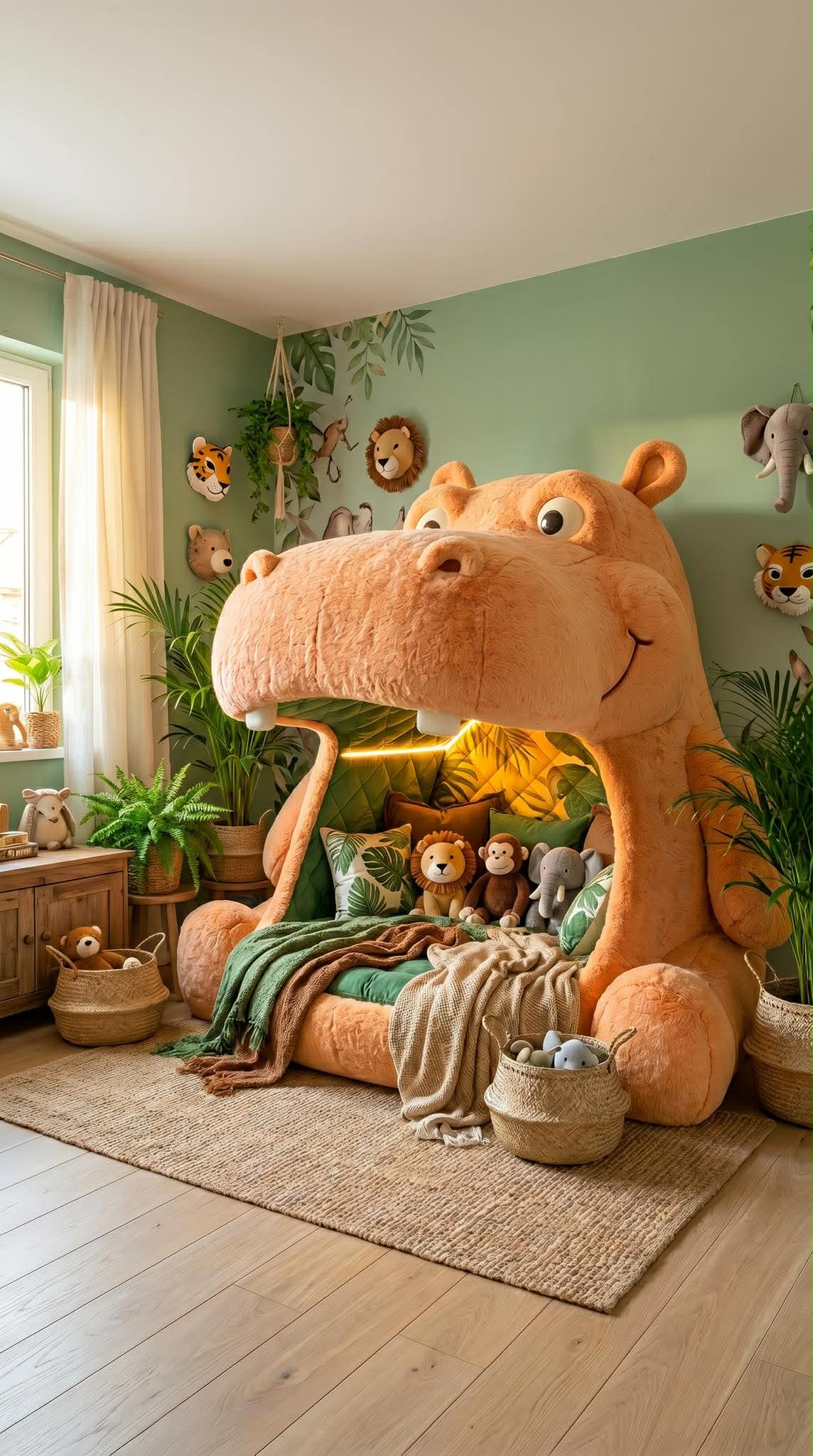 orange hippo sofa chair jungle themed kids room plants animal wall decor cosy seating